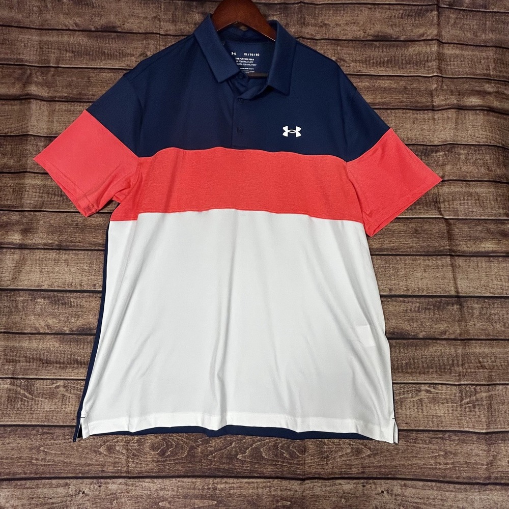 Under Armour Mens Playoff Polo Shirt XL Navy‎ Blue Coral White Colorblock Loose